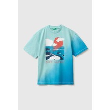United Colors Of Benetton Erkek Çocuk Turkuaz Mix Önü Baskı Detaylı Bisiklet Yaka T-Shirt 6-14 Yaş