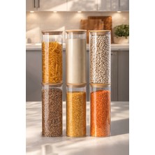 Porsima 4-3 Bambu Vakumlu Kapaklı Yuvarlak Borosilikat Cam 6lı Kavanoz Seti Saklama Kabı 2100ML 10X30CM