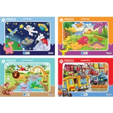 Blue Focus Frame Puzzle 4'lü Set Eğitici Yapboz Seti Eğlenceli Tasarım Astronot Dinozorlar