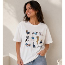 Belirtilmemiş Köpek Figürlü Oversize T-Shirt Ekru