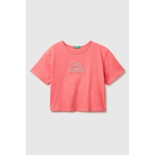United Colors Of Benetton Kız Çocuk Mercan Ön ve Arka Baskı Detaylı Boncuk Işlemeli Geniş Yaka T-Shirt 6-14 Yaş