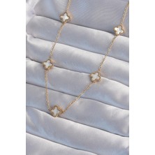 Mey Ithalat® 316L Çelik Gold Renk Minimal Beyaz Sedefli Yonca Kolye