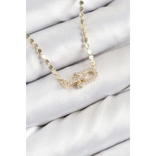 Mey Ithalat® Pirinç Zirkon Taşlı Tifany Model Ezme Zincir Gold Renk Kadın Kolye