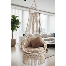 WoodShut Tek Kişilik Makrome El Örgüsü Salıncak (Krem) - Tam Takım - MIS38002KMA (Salıncak, Minder ve Askıdemiri)
