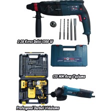GVN PROTOOLS Profesyonel 3'lü Set - 1200W Kırıcı Delici Hilti, 125 mm Avuç Taşlama ve Çift Akülü, Full Set, Darbeli Vidalama Matkap Takımı