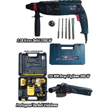 GVN PROTOOLS Profesyonel 3'lü Set - 1200W Kırıcı Delici Hilti, Avuç Taşlama Spiral 900 W ve Çift Akülü, Full Set, Darbeli Vidalama Matkap Takımı