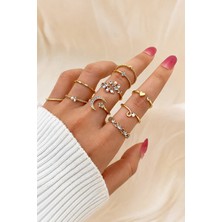 Trend Collection Kadın Gold Renk 10’lu Yüzük Seti Zirkon Taşlı Altın Kaplama Detaylı