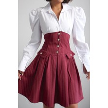 Ded Collection Kadın Beyaz Gömlek Üstlü Çizgili Korse Detaylı Zarif Vintage Stil Elbise