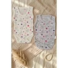 Dyzstar Nova Star 2 Li Paket Pamuklu Kolsuz Bebek Body Seti - Ay ve Yıldız Desenli, Ekru ve Gri Renk Seçenekli Yumuşak Dokulu Zıbın
