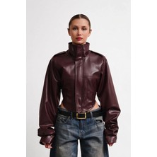 Meecy New Season Dik Yaka Motorcu Crop Kadın Deri Ceket