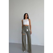 Meecy Yüksek Bel Asimetrik Kemerli Wide Leg Jean Pantolon