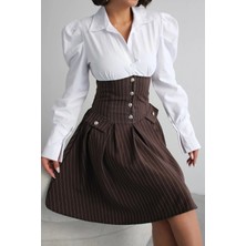 Ded Collection Kadın Beyaz Gömlek Üstlü Çizgili Korse Detaylı Zarif Vintage Stil Elbise