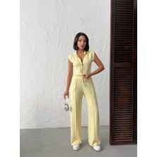 Meecy Kadın Polo Yaka Fermuarlı Crop Yelek ve Geniş Paça Çimalı Pantolon Ikili Takım