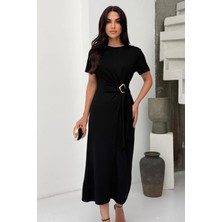 Ded Collection Kadın Çıkarılabilir Toka Aksesuarlı Kısa Kol Midi Modal Şık Elbise