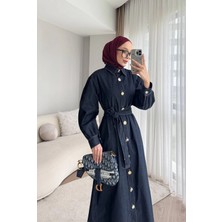 Meecy Gold Düğmeli Denim Tesettür Elbise