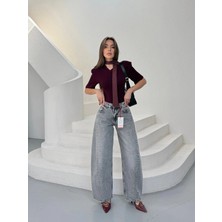 Meecy Yüksek Bel Wide Leg Salaş Jean Pantolon - Gri