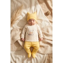 Dyzstar Nova Pamuklu 3 Lü Bebek Takımı - 0-3 Ay Sarı Fitilli Legging, Uzay Temalı Kruvaze Üst Alt ve Bere Seti