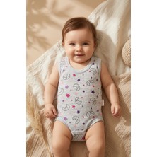Dyzstar Nova Starlight Gri Melanj Ay ve Yıldız Desenli %100 Pamuklu Kolsuz Bebek Zıbın Body - Yumuşak ve Nefes Alan Premium Kumaş