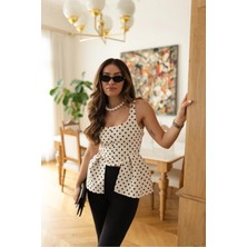 Meecy Kadın Askılı Puantiyeli Korse Görünümlü Peplum Bluz