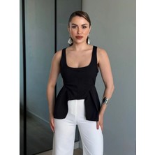 Meecy Kadın Askılı Korse Görünümlü Kare Yaka Peplum Bluz