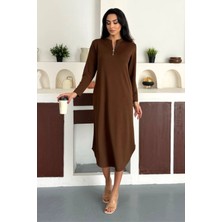 Ded Collection Kadın Yarım Fermuarlı Uzun Kollu Eteği Oval Midi Modal Elbise