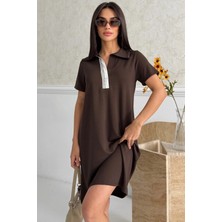 Ded Collection Kadın Yakası Yazı Detaylı Polo Yaka Kısa Kol Modal Yazlık Elbise