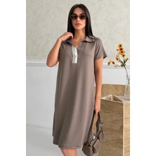 Ded Collection Kadın Yakası Yazı Detaylı Polo Yaka Kısa Kol Modal Yazlık Elbise