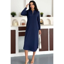 Ded Collection Kadın Yarım Fermuarlı Uzun Kollu Eteği Oval Midi Modal Elbise