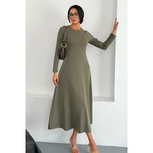 Ded Collection Kadın Bisiklet Yaka Parçalı Kuplu Midi Uzun Kol Modal Elbise