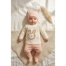 Dyzstar Mila Bunny Nakışlı %100 Pamuklu 3 Lü Bebek Takımı - Yandan Çıtçıtlı Zıbın, Fitilli Patikli Alt ve Üst Seti