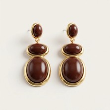 Mianach Kahverengi Cabochon Taşlı Altın Ton Sallantılı Küpe
