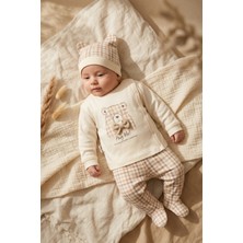 Dyzstar Teddy Hug Pamuk Dokulu Ayıcık Figürlü 3 Lü Bebek Takımı - 0-3 Ay Ekru Sarı Kareli Bebek Takımı ve Şapka Seti