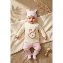 Dyzstar Mila Bunny Nakışlı %100 Pamuklu 3 Lü Bebek Takımı - Yandan Çıtçıtlı Zıbın, Fitilli Patikli Alt ve Üst Seti