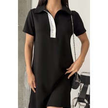 Ded Collection Kadın Yakası Yazı Detaylı Polo Yaka Kısa Kol Modal Yazlık Elbise