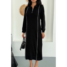Ded Collection Kadın Polo Yaka Yarım Fermuarlı Arabiyeli Uzun Modal Elbise
