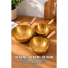 Destpak 3 Adet Gold Tava Seti - Japon Stil Gold Wok Tava - Tam Yuvarlak Tava - 304 Paslanmaz Çelik Profesyonel Ahşap Saplı -