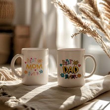 BB Design Best Mom Ever Best Dad Ever Baskılı 2'li Seramik Kupa 330 ml Hediye Seti
