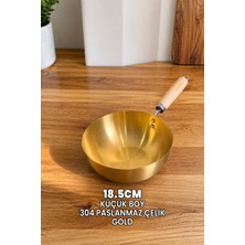 Destpak Gold Tava - Japon Stil Gold Wok Tava - Tam Yuvarlak Tava - 304 Paslanmaz Çelik Profesyonel Ahşap Saplı