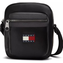 Tommy Hilfiger Erkek Logo Etiketli Fermuarlı Bölmeli Deri Siyah Omuz Çantası AM0AM14334-BDS