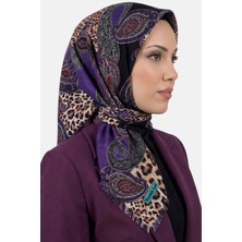 Hadiora Kadın Mor Leopar ve Paisley Desenli Flamlı Eşarp