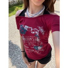 Moonstyle Collection Bordo Nuit Magique Madonna Yaka Ek Askılı Y2K Kısa Kollu Full Body Crop