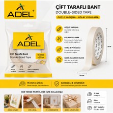Adel Çift Taraflı Bant 15 mm x 25 M Güçlü Yapışkanlı Ofis Okul Hobi ve Dekorasyon Bandı