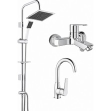 Kale Mare Banyo Bataryası + Döner Lavabo Bataryası ve Tema Rain Quadro 53260 Tepe Duş Sistemi Krom Banyo Seti