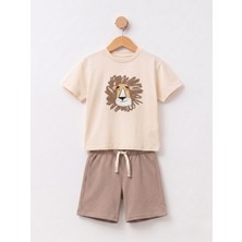 Bican Erkek Çocuk Aslan Baskılı %100 Pamuklu T-Shirt ve Şort Alt Üst Takı