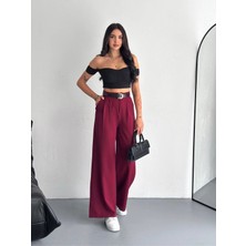 Gugus Kadın Kemer Detaylı Bol Paça Geniş Kesim Baggy Kumaş Pantolon Çift Köprülü Lima Kumaş