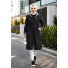 Harma Time Butik Kadın Kapüşonlu  Fermuarlı Ara Boy Bondit Kumaş Siyah Trenç