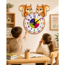 Karbonsoft Sevimli Sincap Temalı Montessori Eğitici Duvar Saati Doğal Kesit Tasarım