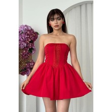 Moda Days Kadın Poplin Kumaş Straplez Korse Detaylı Dantelli Mini Kabarık Elbise