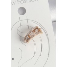 Pirinç Gold Renk Zirkon Taşlı 3'lü Sıralı Model Kadın Kıkırdak Küpe