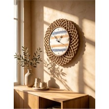 Home İnn Modern Bohem Hasır Görünümlü Duvar Saati Mavi Bej Çizgili Dekoratif Salon Saati 43 cm
